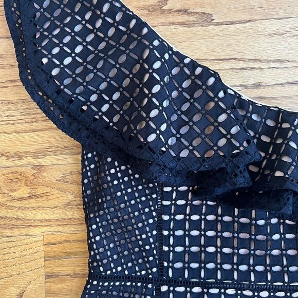 J Crew Collection One Shoulder Ruffle Eyelet Black Dress Size 2 - Picture 4 of 14